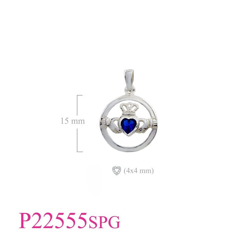 Claddagh Pendant, Heart Pendant, round Claddagh with  Sapphire Glass.