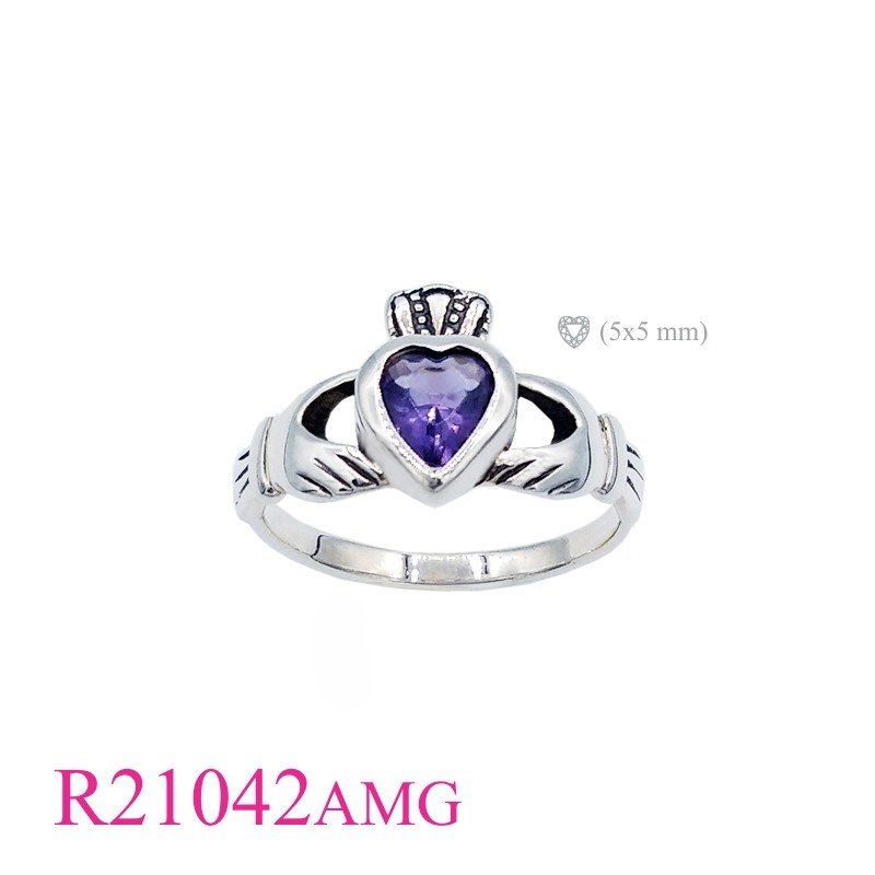 Claddagh Ring, Heart Ring, Claddagh with Amethyst Glass  stone.
