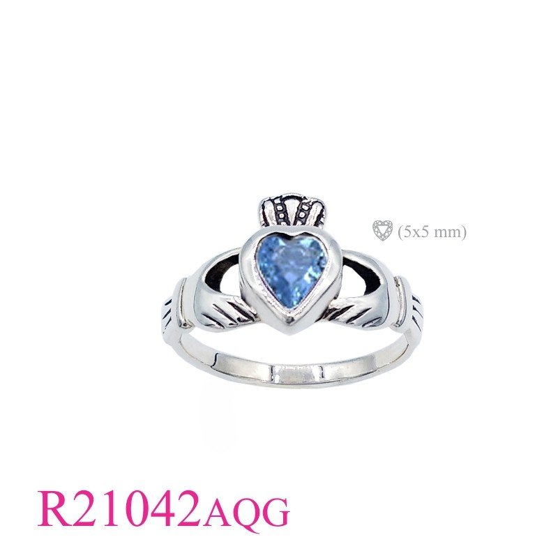 Claddagh Ring, Heart Ring, Claddagh with Aqua Glass  stone.