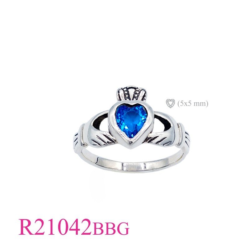 Claddagh Ring, Heart Ring, Claddagh with Baby Blue Glass  stone.