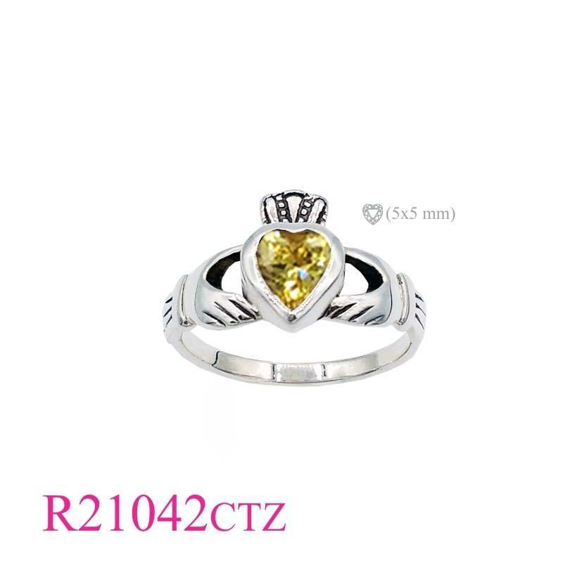 Claddagh Ring, Heart Ring, CZ Ring, Claddagh with Citrine CZ heart stone.