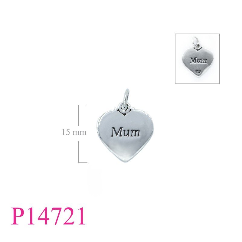 Pendant, 15mm "Mum" heart.