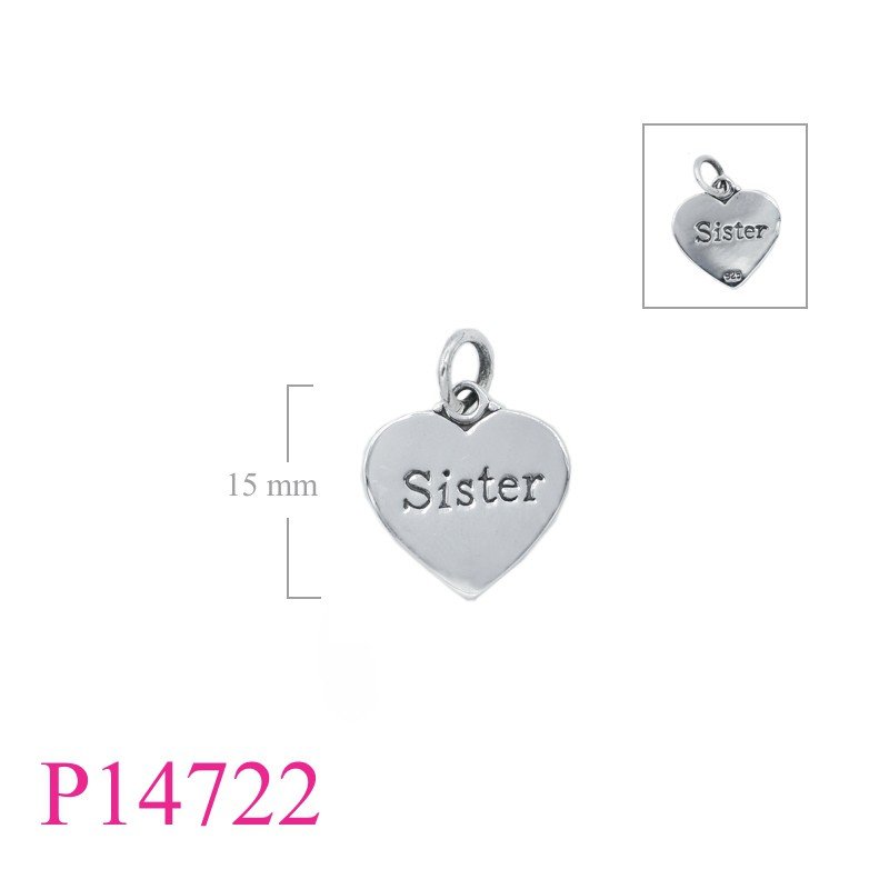 Pendant, 15mm "Sister" heart.