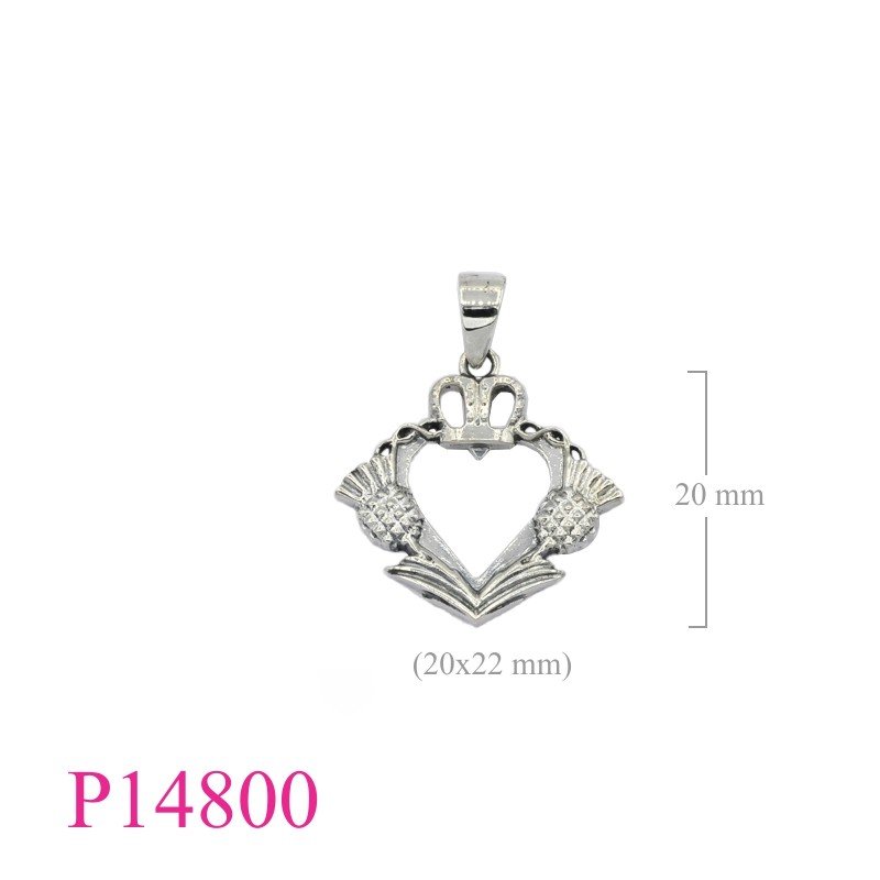 Heart Pendant, Thistle Pendant, 20mm crowned  2 Thistles.