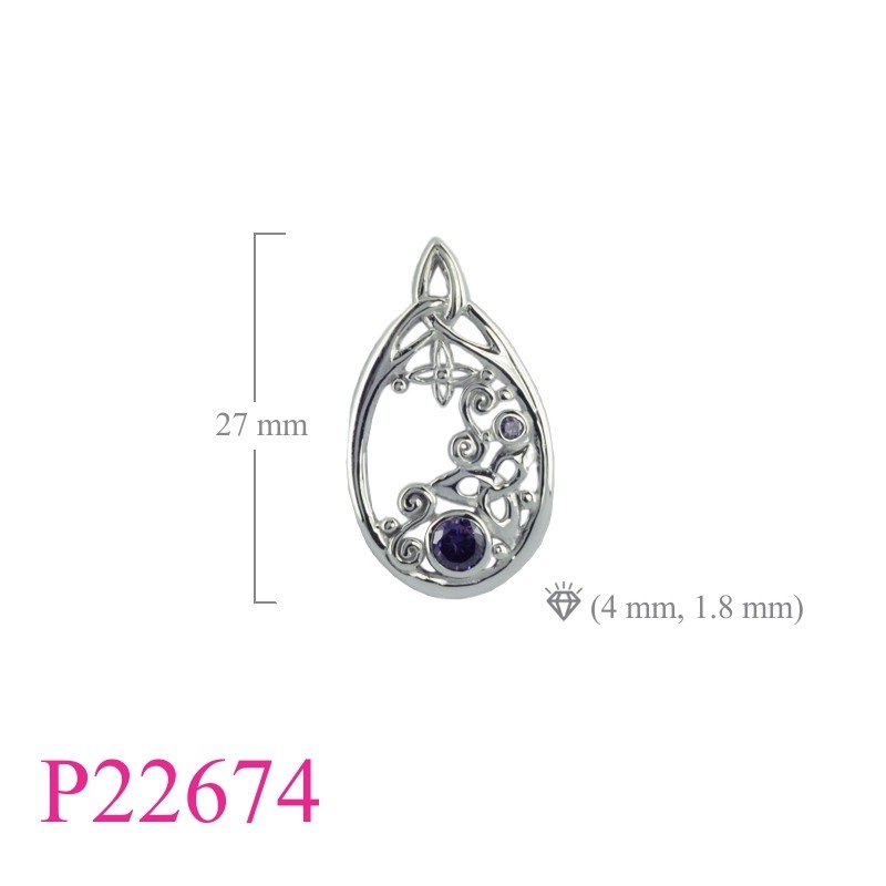 Pendant, openwork drop Trinity with round Amethyst CZs.