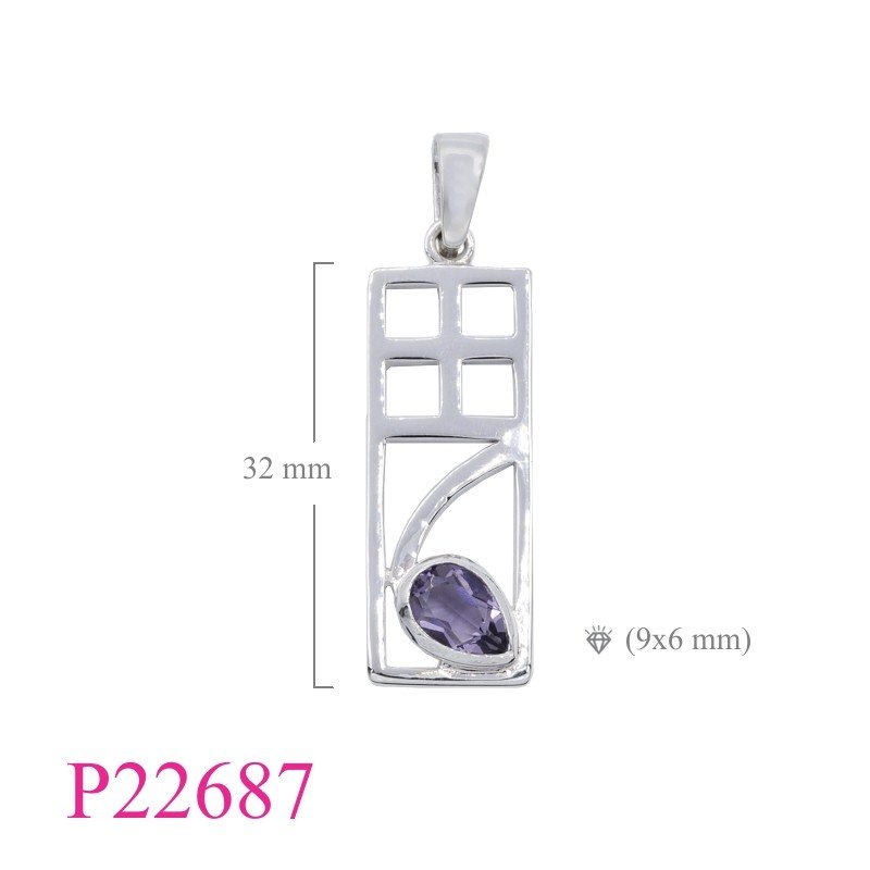 Pendant, 13x32mm rectangular Mackintosh with drop Amethyst Glass.