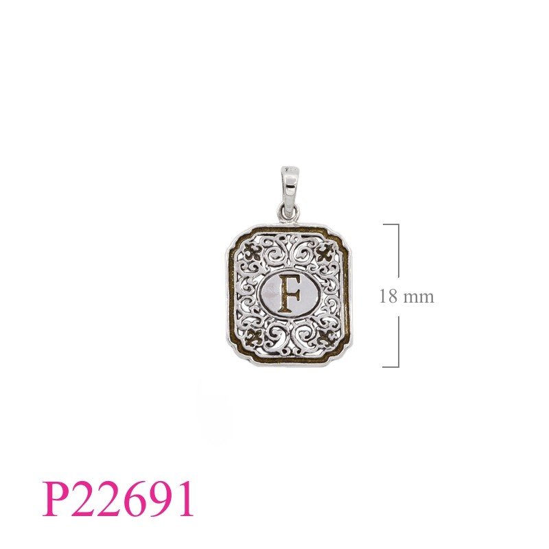 Pendant, "F" rectangular tag enamel.