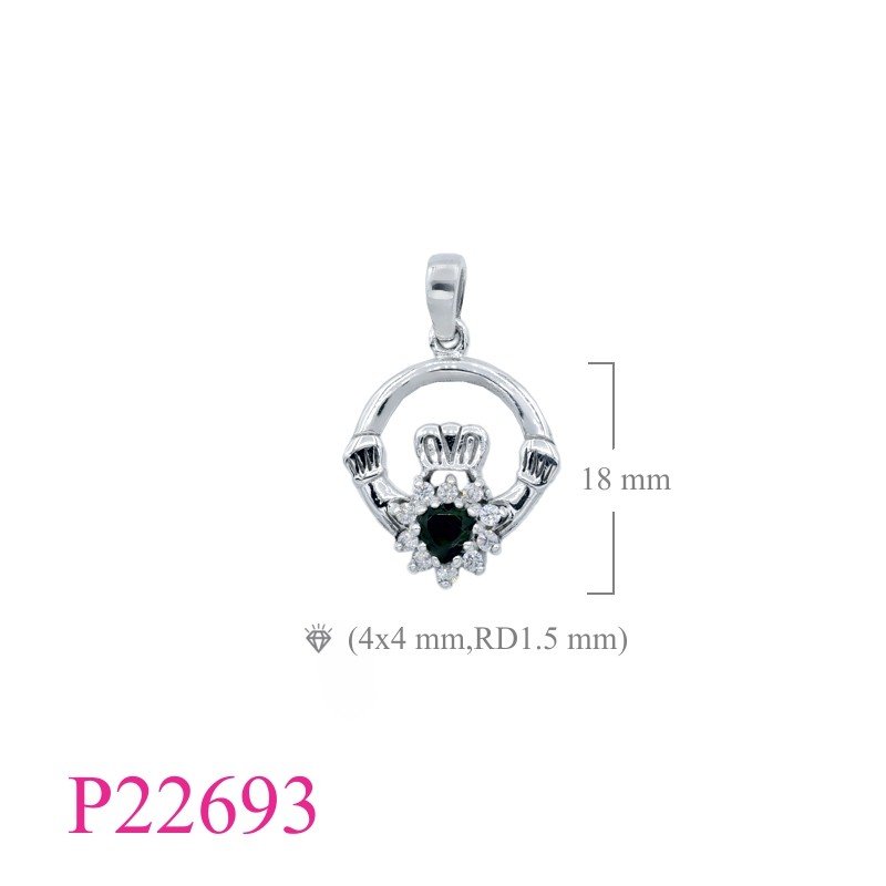 Claddagh Pendant, Heart Pendant, CZ Pendant, round Claddagh with heart Emerald Glass and small CCZs.