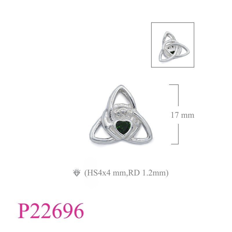Claddagh Pendant, Heart Pendant, 3D Trinity Claddagh with  Emerald Glass.