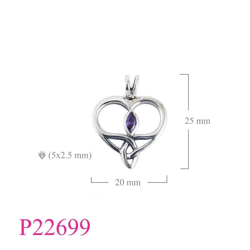 Heart Pendant, CZ Pendant, Trinity  with Amethyst CZ.