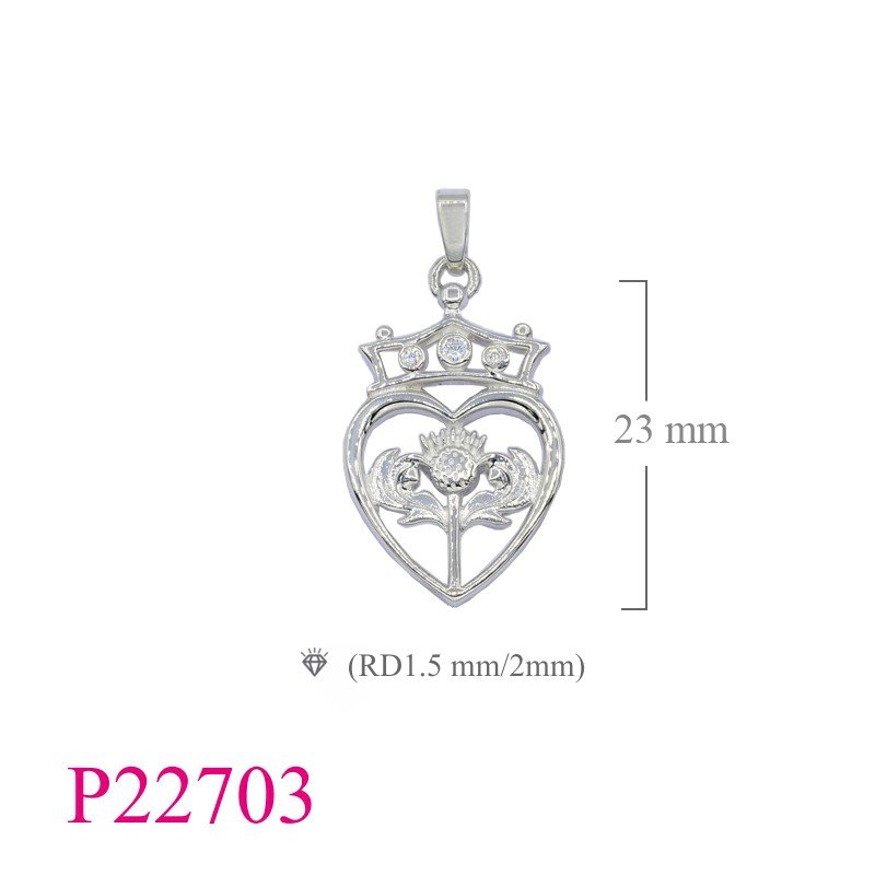 Heart Pendant, Thistle Pendant, CZ Pendant, 23mm crowned heart Thistle with CCZs.