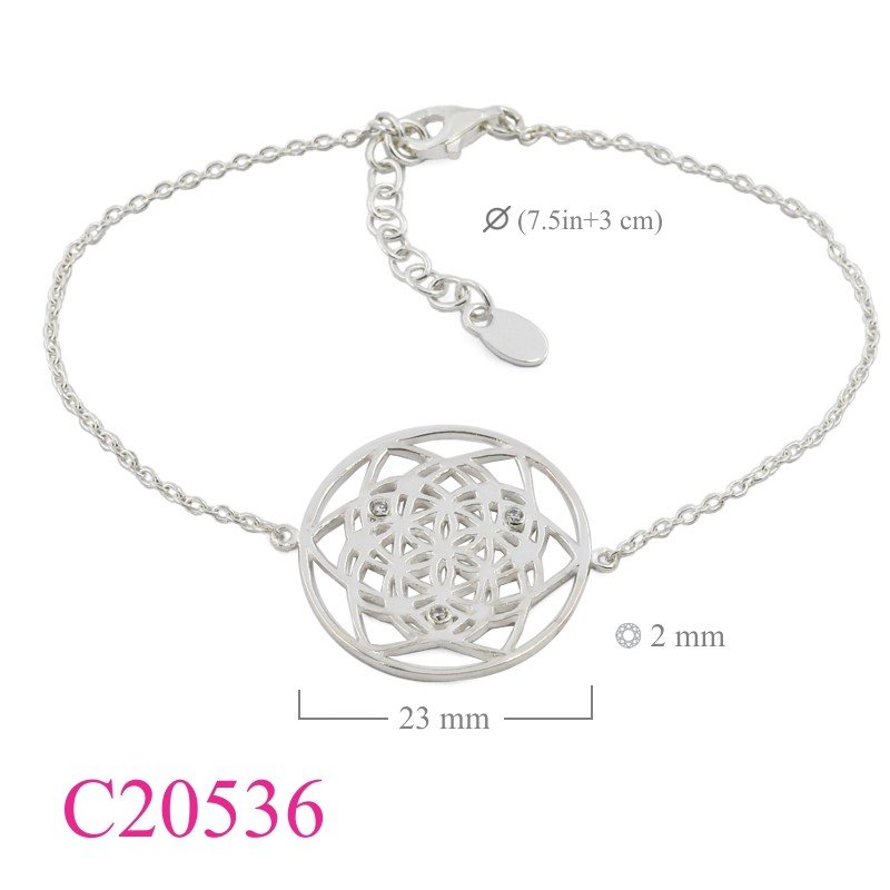 Flower Of Life Bracelet, CZ Bracelet, 23mm round Flower of Life with 3 CCZs.