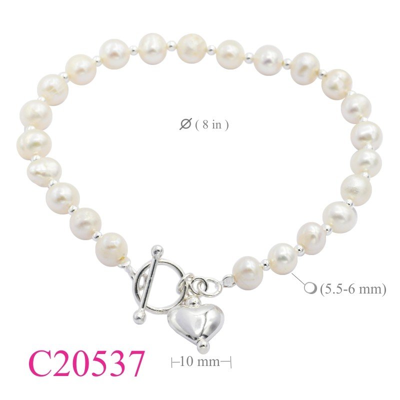 Heart Bracelet, Lock Bracelet, 6mm Fresh Water Perls and puff with T-.