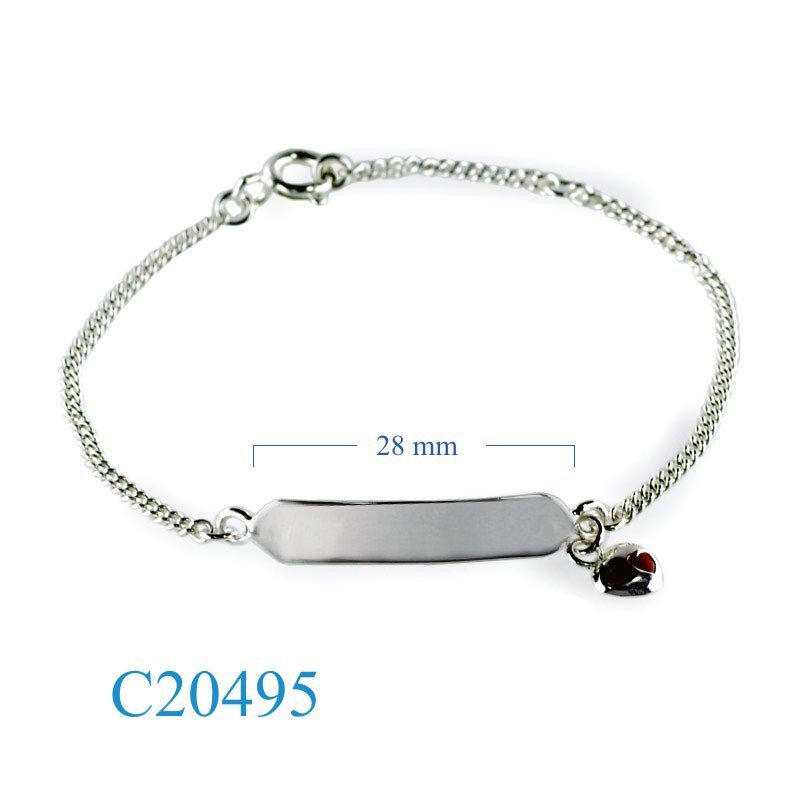 Bracelet, name tag and enamel laybug enamel.