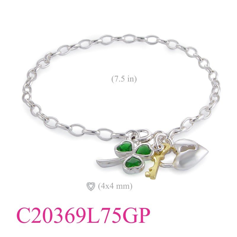 Clover Bracelet, 7.5 inches oval link chain with heart, Shamrock and gold plated key.
