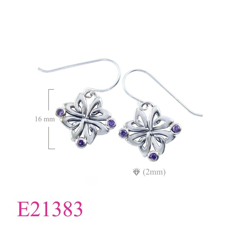 Celtic Earrings, CZ Earrings, Celtic with 3 round Amethyst CZs.