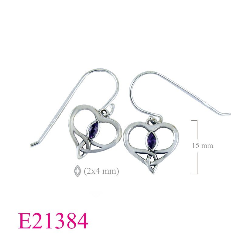 Heart Earrings, CZ Earrings, Trinitry  with Amethyst CZ.