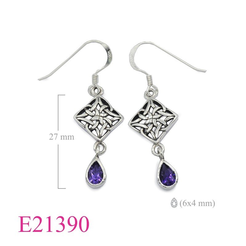 Earrings, square Celtic and hanging drop Real Amethyst.