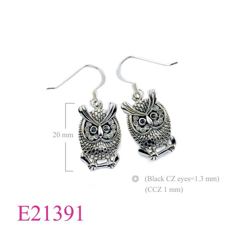 Owl Earrings, CZ Earrings,  with Black CZ eyes.