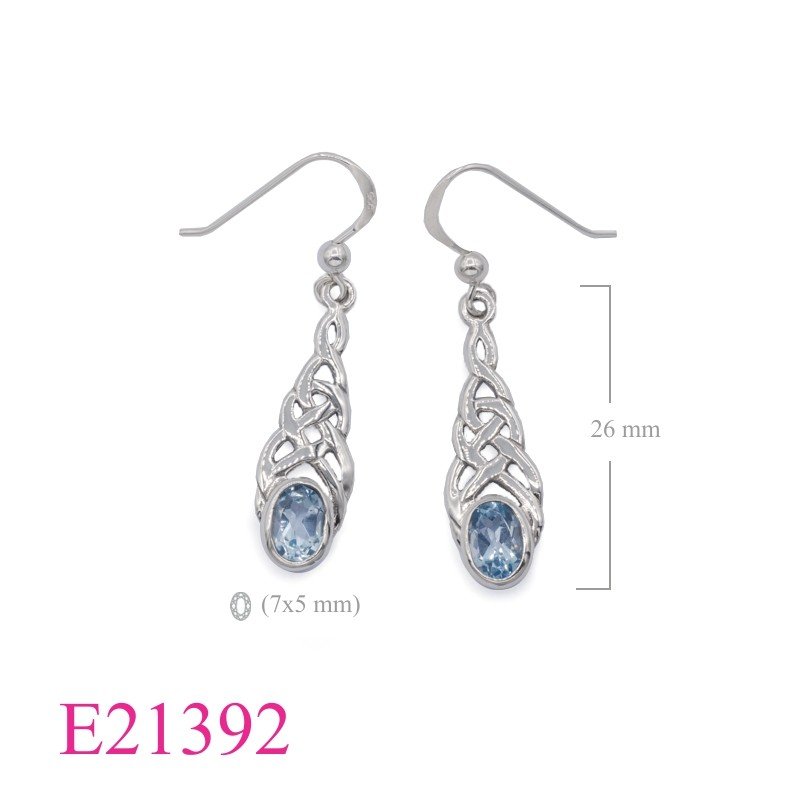 Earrings, Celtic with Real oval Blue Topaz (dot hook).
