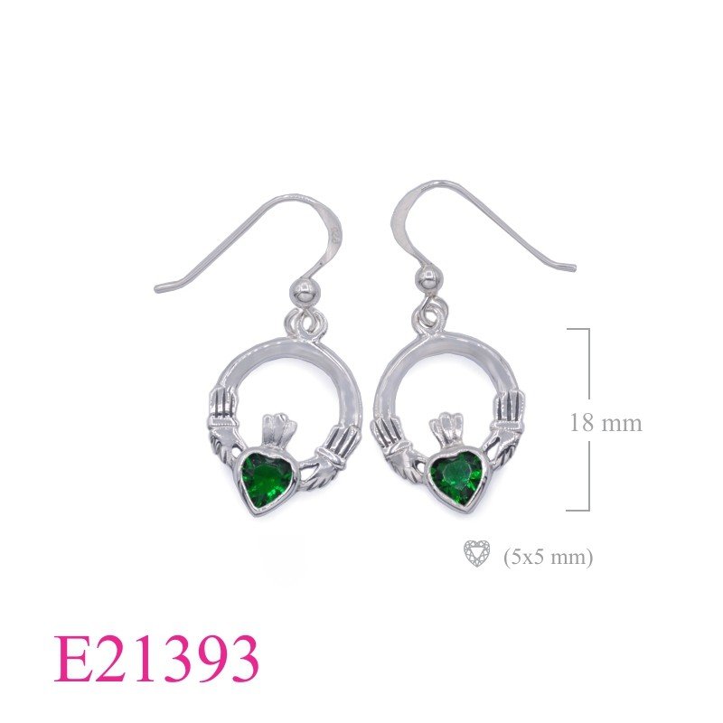 Earrings, 18mm round Claddagh with Emerald Glass (Ball hook).