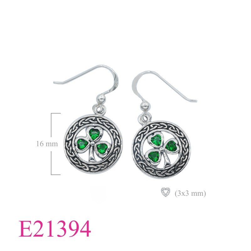 Celtic Earrings, Clover Earrings, 16mm round Celtic lucky with Emerald Glass (Ball hook).