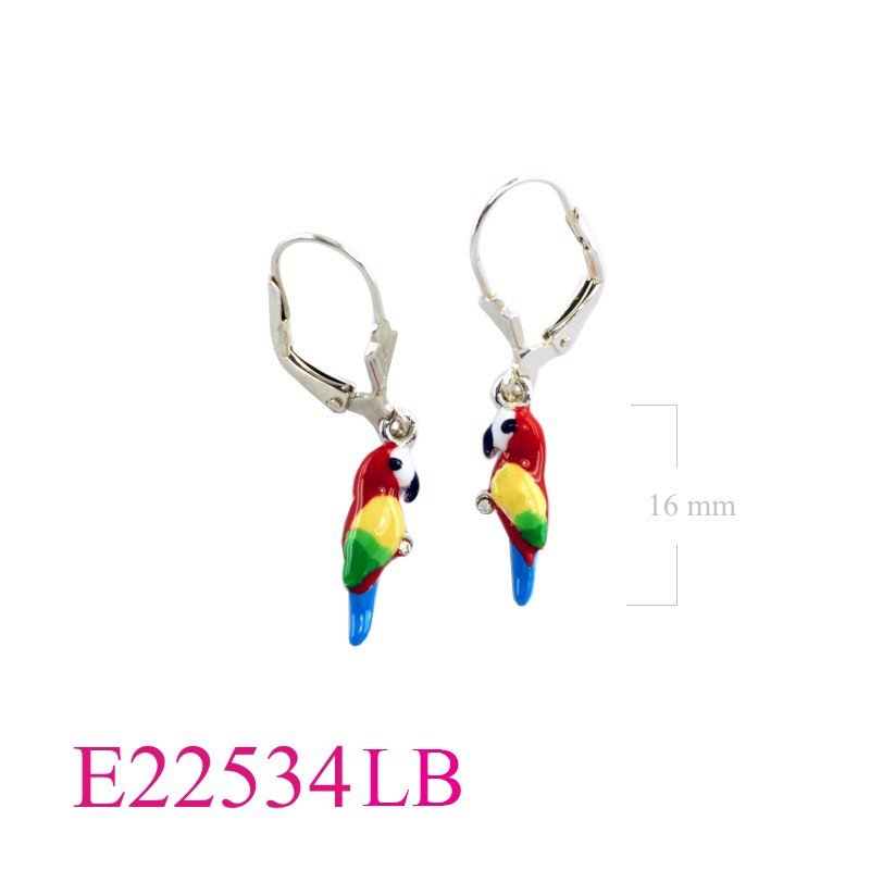 Earrings, enamel parrot  bird with lever back hook.