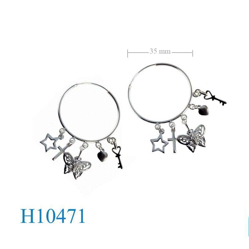 Butterfly Earrings, 1.5x35mm hoop and hanging key, butterfly, star, heart, and cross.