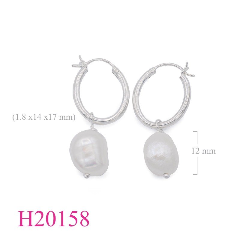 Earrings, 14x17mm oval hoop and hanging Fresh Water Perl.