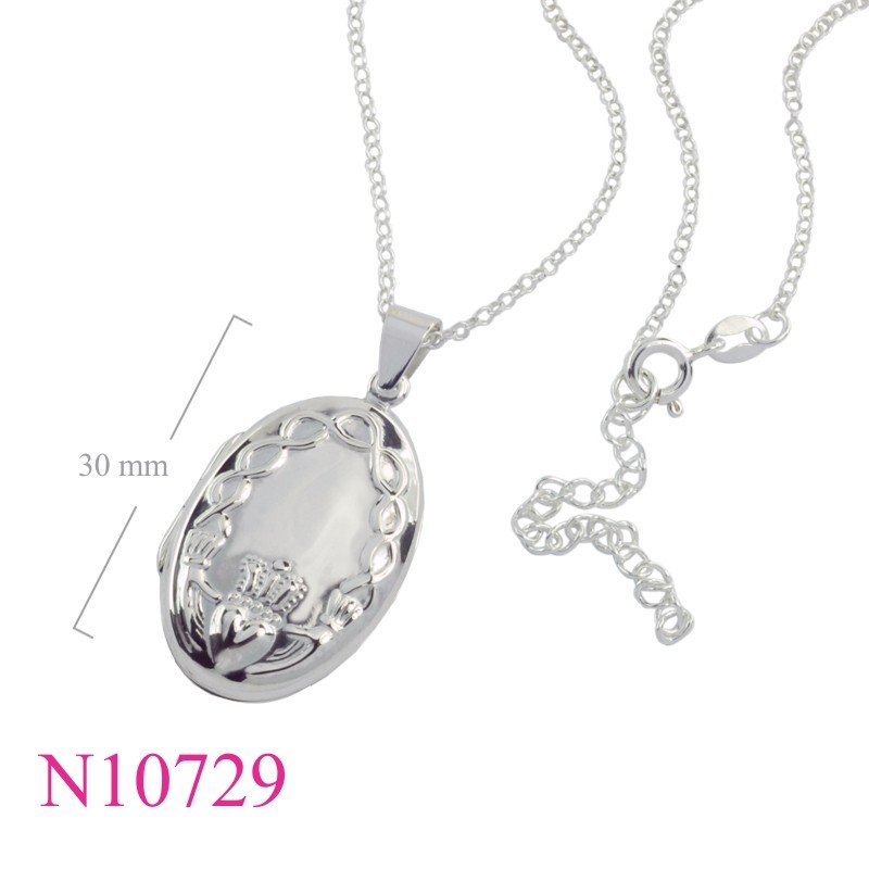 Necklace, 16 inches chain and Claddagh oval locket.