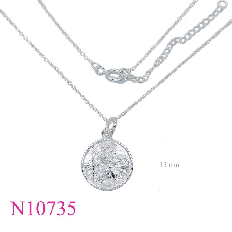 Necklace, 16 inches chain and 15mm round St. Christopher charm.