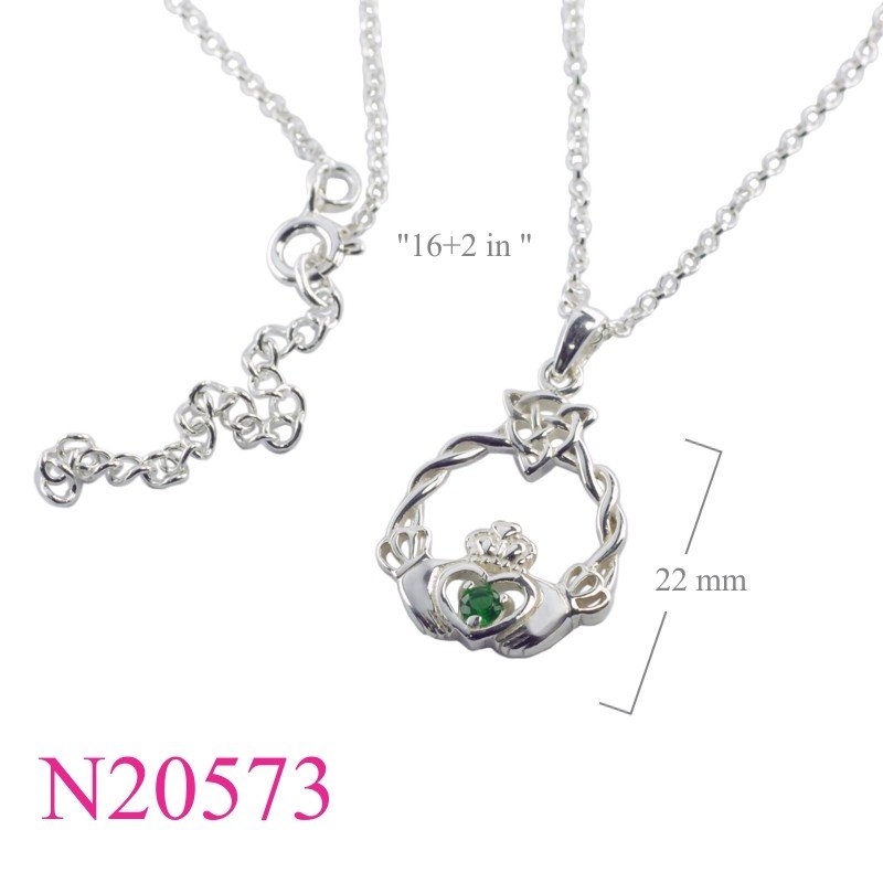Necklace, 16 inches chain and Claddagh charm with round Emerald Glass.