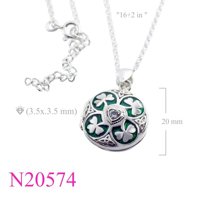 Shamrock Necklace, 16 inches chain and round 4 enamel  lucky clovers Locket with heart CCZ.