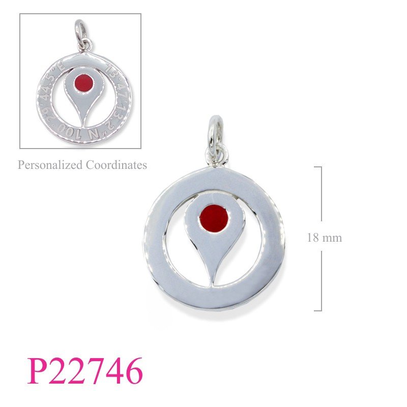 Pendant, 18mm round GPS Your location enamel.