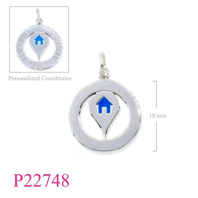 Pendant, 18mm round GPS Your Home location enamel.