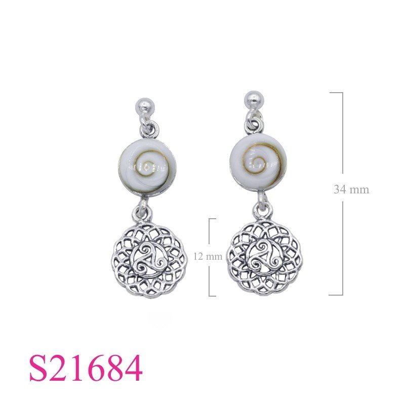 Shell Earrings, swirl  and hanging round Triskrlion.