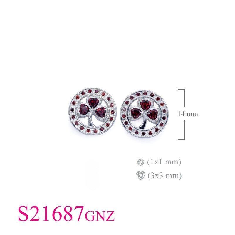 Shamrock Earrings, CZ Earrings, 14mm round Shamrock with Garnet CZs.