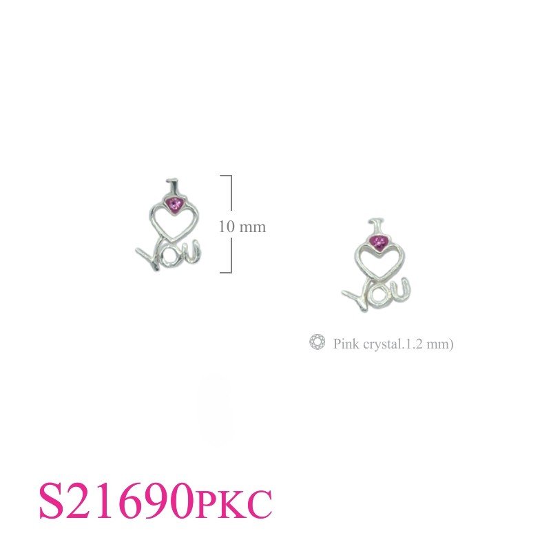 Earrings, I heart you with small Pink crystal.