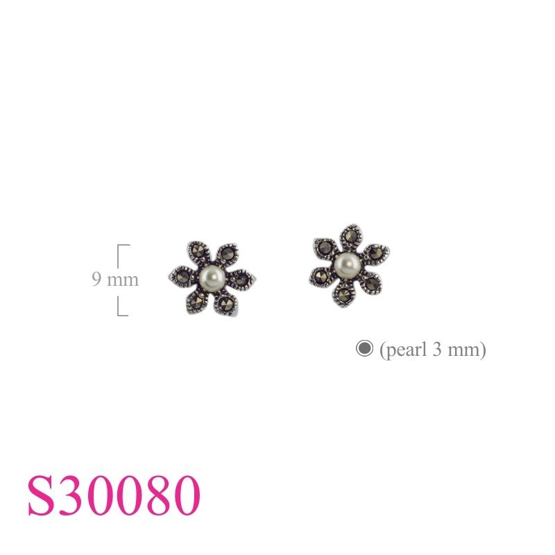 Flower Earrings, Marcasite Earrings,   with polyester Perl.
