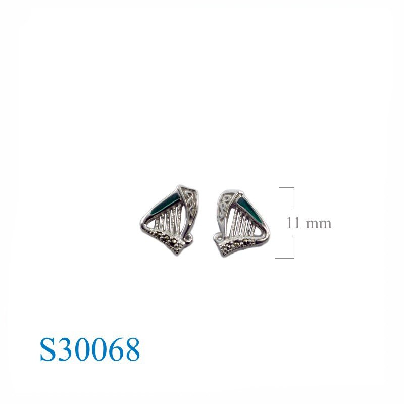 Celtic Earrings, Marcasite Earrings, Harp Earrings, marcasite enamel Celtic harp.