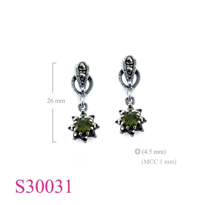 Flower Earrings, Marcasite Earrings,   shape with 4.5mm round Real Amethyst in center.