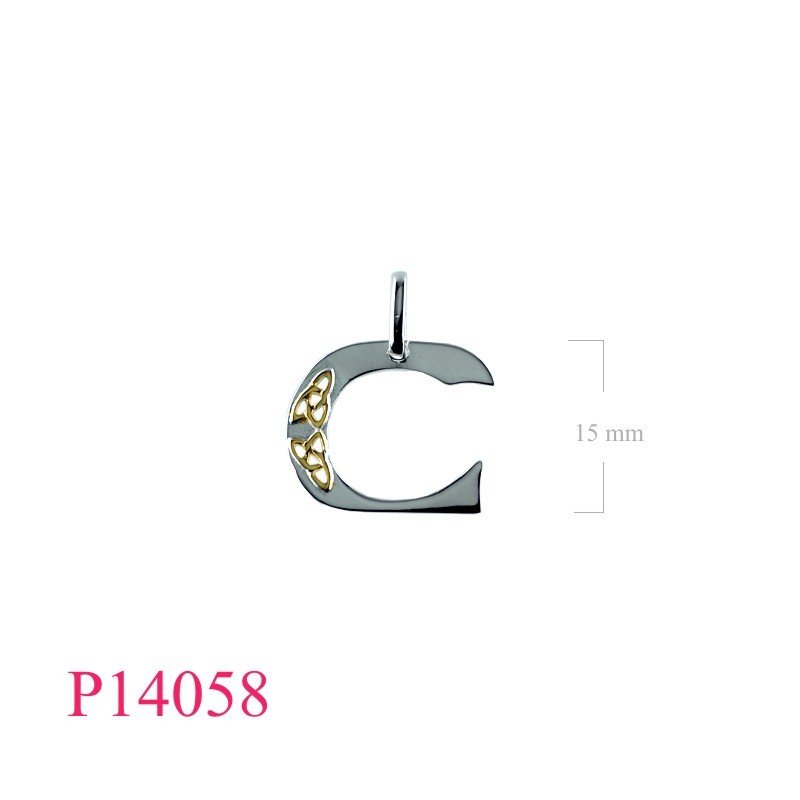 Pendant, "C" with flash Gold plated on Trinities and Rhodium plated.