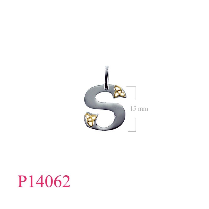 Pendant, "S" with flash Gold plated on Trinities and Rhodium plated.