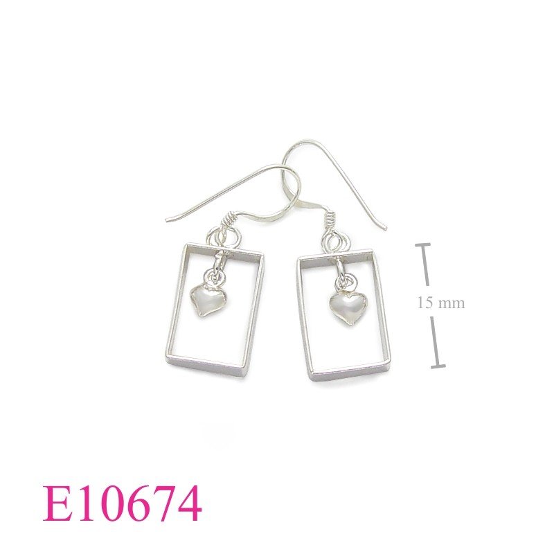 Earrings, rectangle with hanging heart.