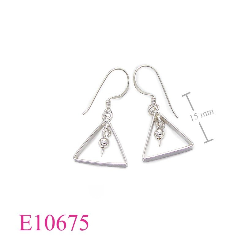 Earrings, triangle with hanging ball.