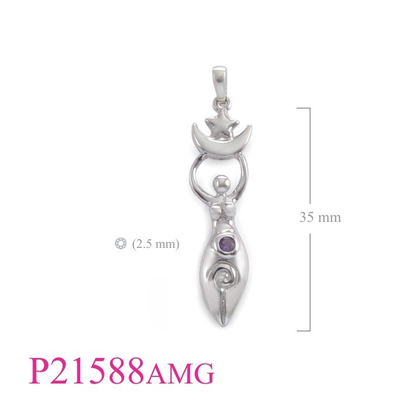 Moon Pendant, Goddess Pendant, Moon Goddess with round Amethyst Glass stone.