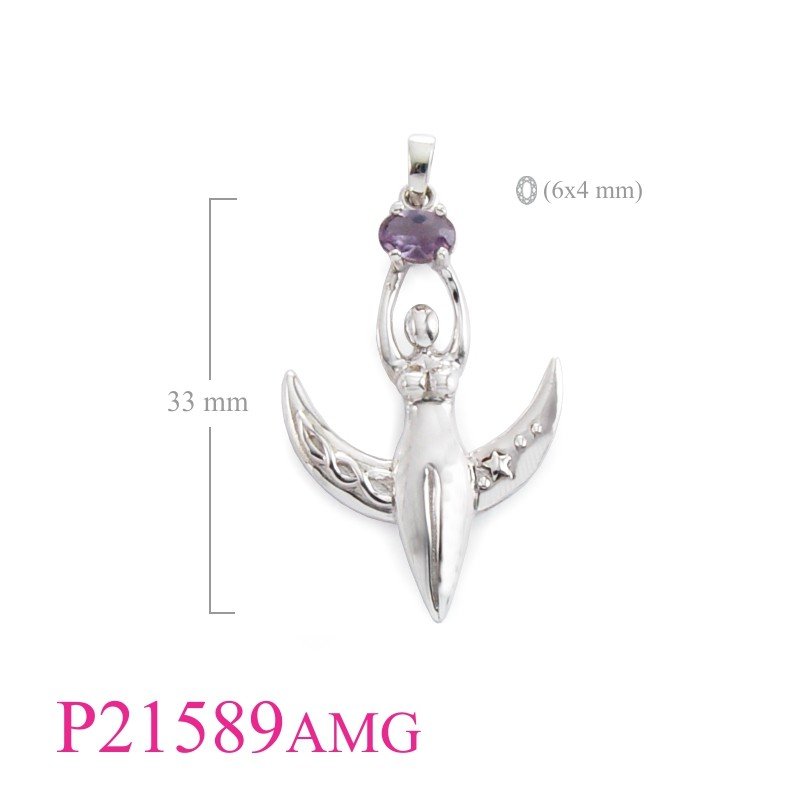 Moon Pendant, Goddess Pendant, Moon Goddess with round Amethyst Glass stone.