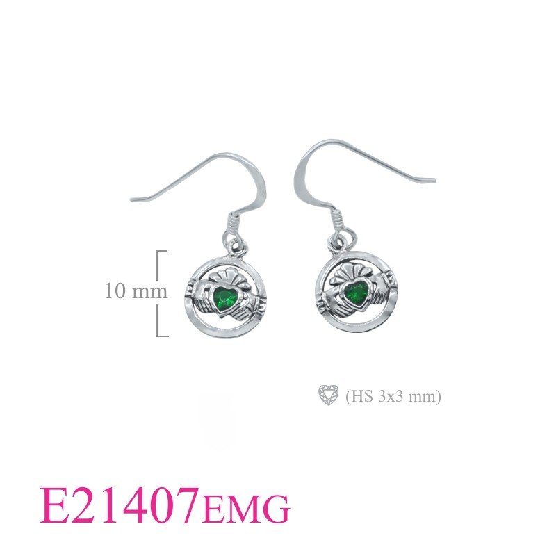 Claddagh Earrings, Heart Earrings, 10mm round Claddagh with Emerald Glass.