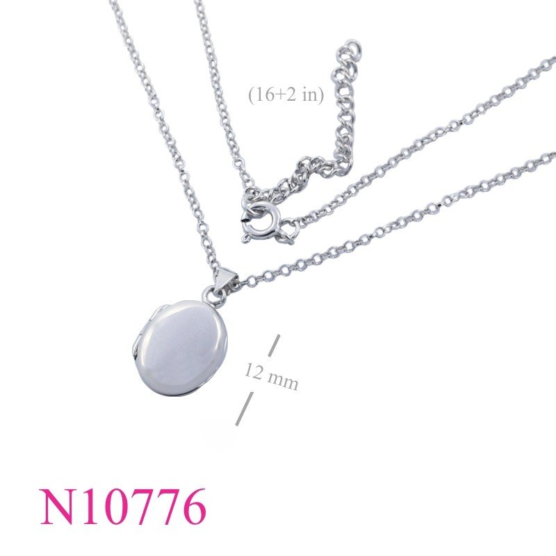 Necklace, 16 inches chain and 12mm oval locket with Rhodium plated.