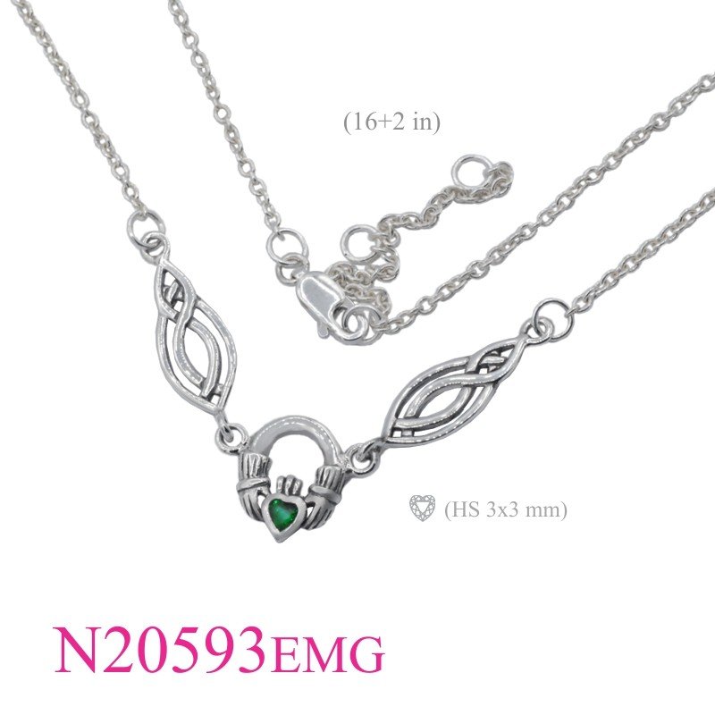 Celtic Necklace, Claddagh Necklace, 16 inches chain and Celtics Claddagh with Emerald Glass charm.